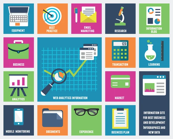 Ilustración vectorial plana de información analítica web y estadística del sitio web de desarrollo — Vector de stock