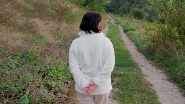 Jovens mulheres morenas caminha vagarosamente ao longo de uma estrada rural — Vídeo de Stock