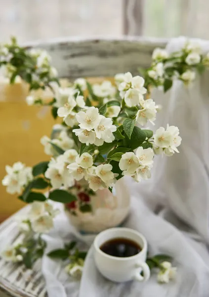 Jasmine Flowers White Vase Stillife Jasmine Cup Coffee — Stock Photo, Image