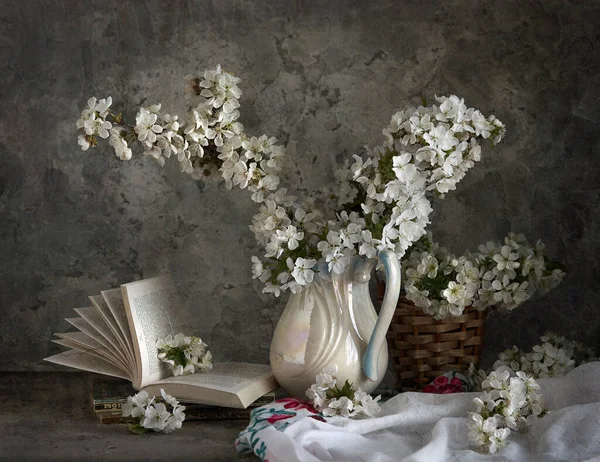 Cherry Blossoms White Vase Gray Background Springtime Still Life — Stock Photo, Image