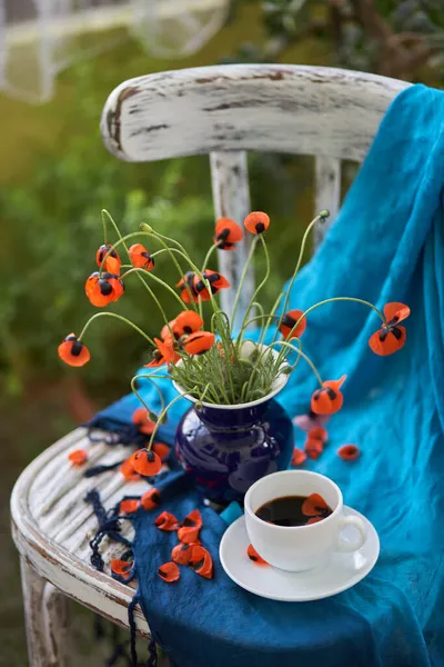 Little Red Poppies Bouquet Blue Vase Vintage Chair Poppies Cup — Stock Photo, Image