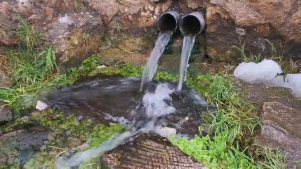 Pití vody v lese. Pití fontány v horách — Stock video