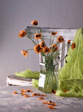 Klasik tarzda hazırlanmış küçük kırmızı gelincik buketi. Popies 'in klasik sandalyedeki vazoda durgun hayatı.