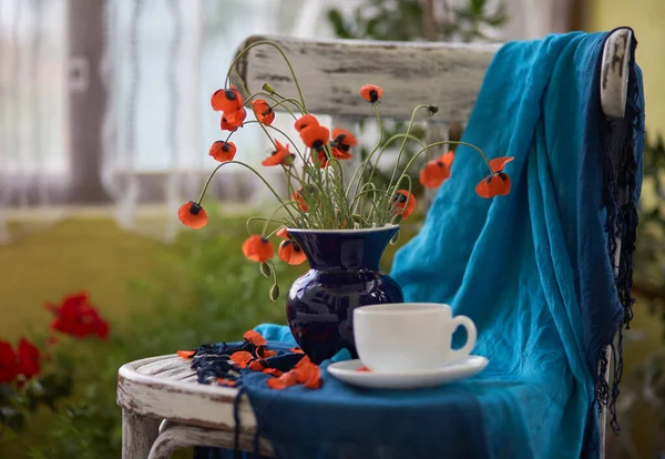 Little Red Poppies Bouquet Blue Vase Vintage Chair Poppies Cup — Stock Photo, Image