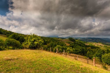 Sonbahar dağ manzarası. Sarı ve kırmızıya boyanmış sonbahar ağaçları. Yeşil iğneler ve mavi gökyüzü. Rumen Karpatlar 'daki renkli sonbahar manzarası. Panoramik görünüm.