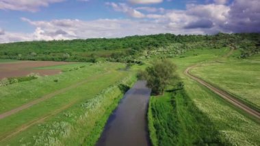 Yukarıdan bak. Kamera yeşil bir tarlanın ve küçük bir nehrin üzerinde uçuyor..