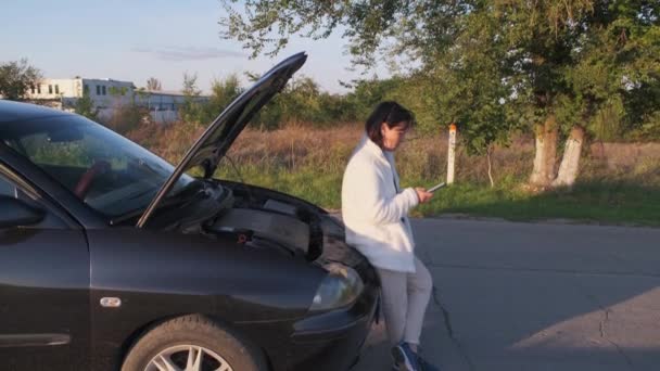 Mulher Marca Número Telefone Depois Colapso Carro Problemas Carro — Vídeo de Stock