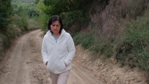 Jovens Mulheres Morenas Caminha Vagarosamente Longo Uma Estrada Rural — Vídeo de Stock