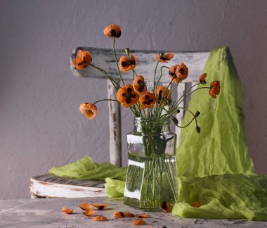 Klasik tarzda hazırlanmış küçük kırmızı gelincik buketi. Popies 'in klasik saç vazosundaki durgun hayatı.