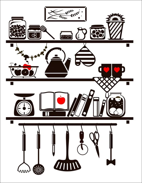 Vector food and drinks icons set, drawn up as kitchen shelves — Stock Vector