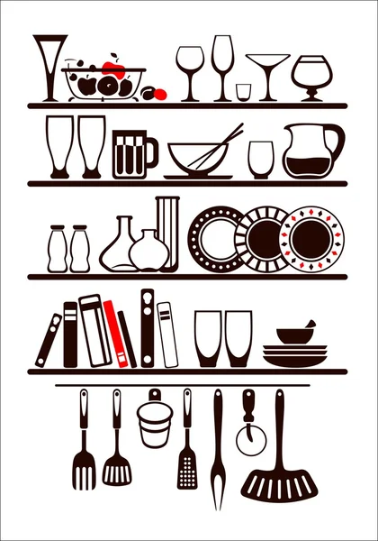 Vector food and drinks icons set, drawn up as kitchen shelves — Stock Vector