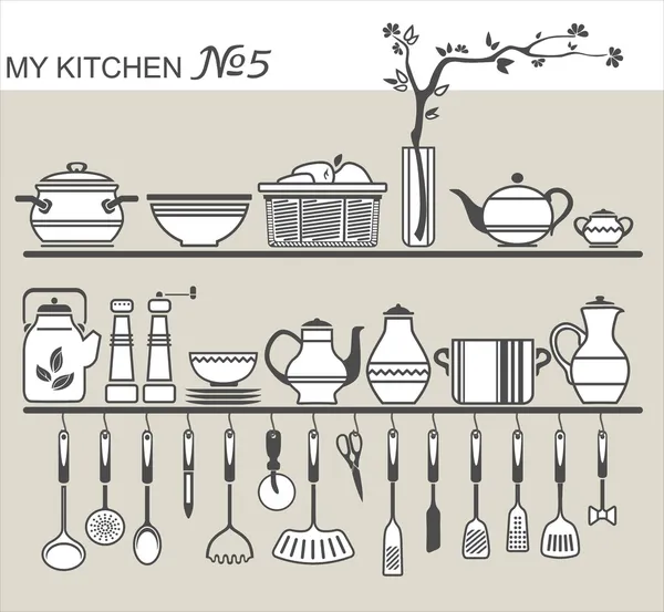 Kitchen utensils on shelves — Stock Vector