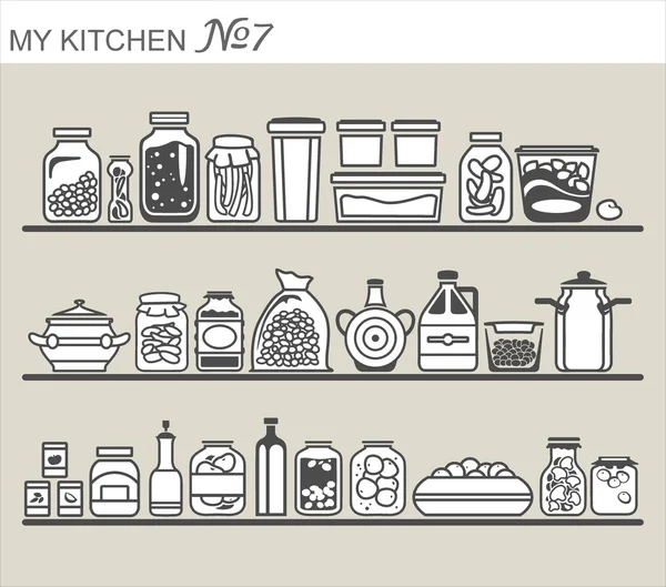 Ustensiles de cuisine sur les étagères — Image vectorielle