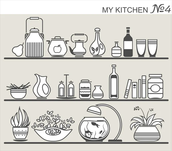 Kitchen utensils on shelves #4 — Stock Vector