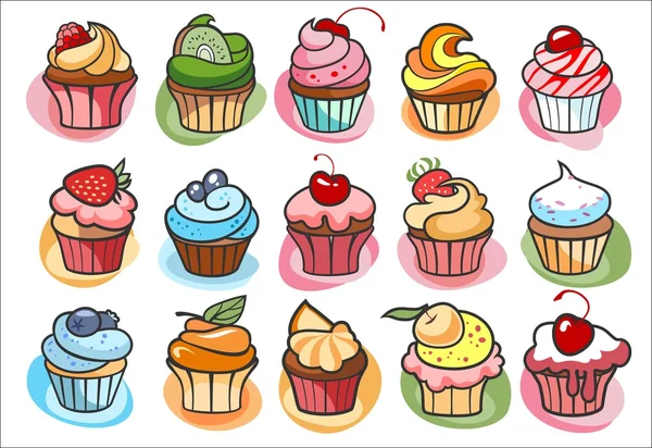 15 colorful delicious cupcakes — Stock Vector