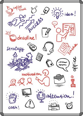 Beyaz tahta ile marker ile çizilmiş iş ikonları/simgeleri