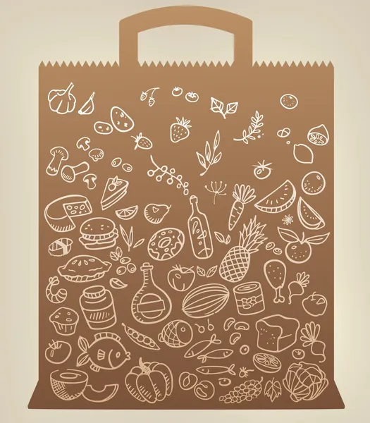 Icone alimentari su sacchetto di carta — Vettoriale Stock