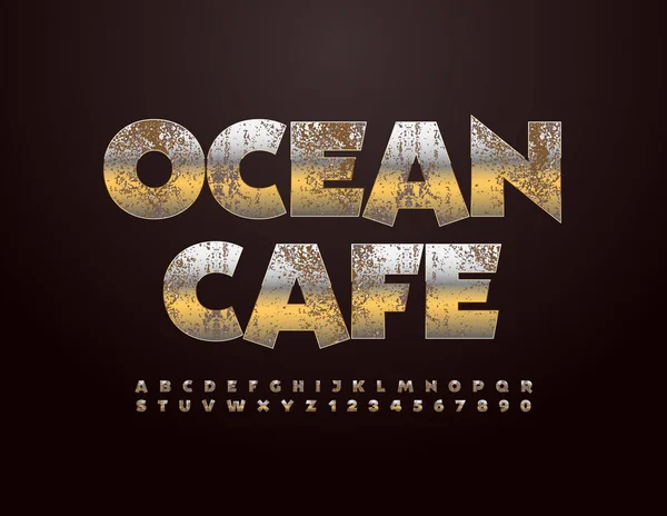 Vektor Metall Logo Ocean Cafe Mit Rostiger Goldschrift Grungy Metallischen — Stockvektor