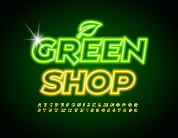 Vector Neon Sign Green Shop Med Dekorativt Blad Trendy Bright – Stock-vektor