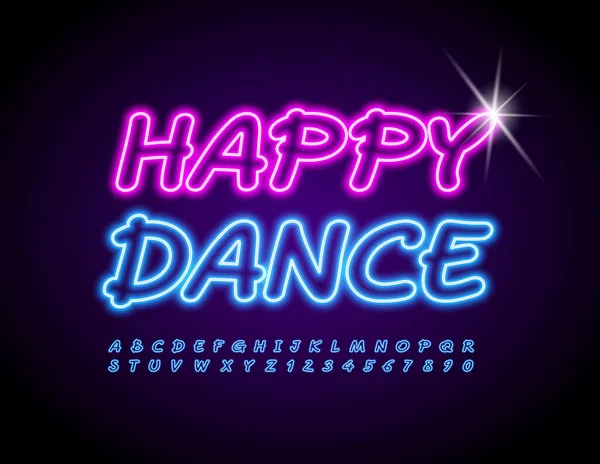 Vector Neon Banner Happy Dance Fuente Azul Brillante Brillante Conjunto — Archivo Imágenes Vectoriales