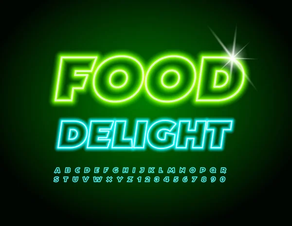 Bandiera Neon Vettoriale Food Delight Splendente Fonte Luminosa Serie Lettere — Vettoriale Stock