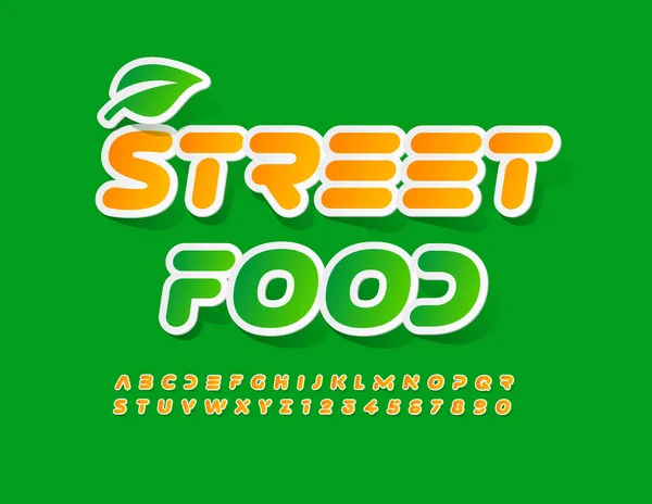 Vector Luminoso Letrero Street Food Con Hoja Decorativa Fuente Naranja — Archivo Imágenes Vectoriales