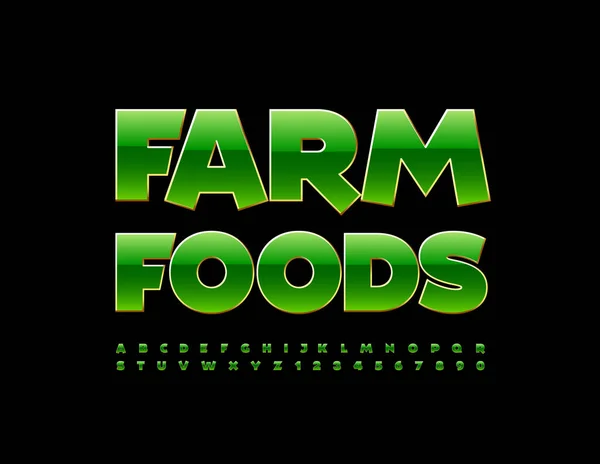 病媒标志农场食品 现代绿色字体 明亮的字母和数字 — 图库矢量图片