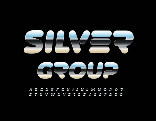 Vector Metallic Emblem Silver Group Edelstahl Schrift Buchstaben Und Zahlen — Stockvektor