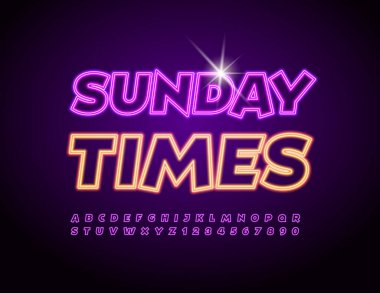 Vector Neon Poster Sunday Times. Elektrik Mor Yazı Tipi. Parlak Moda Alfabe Harfleri ve Sayıları