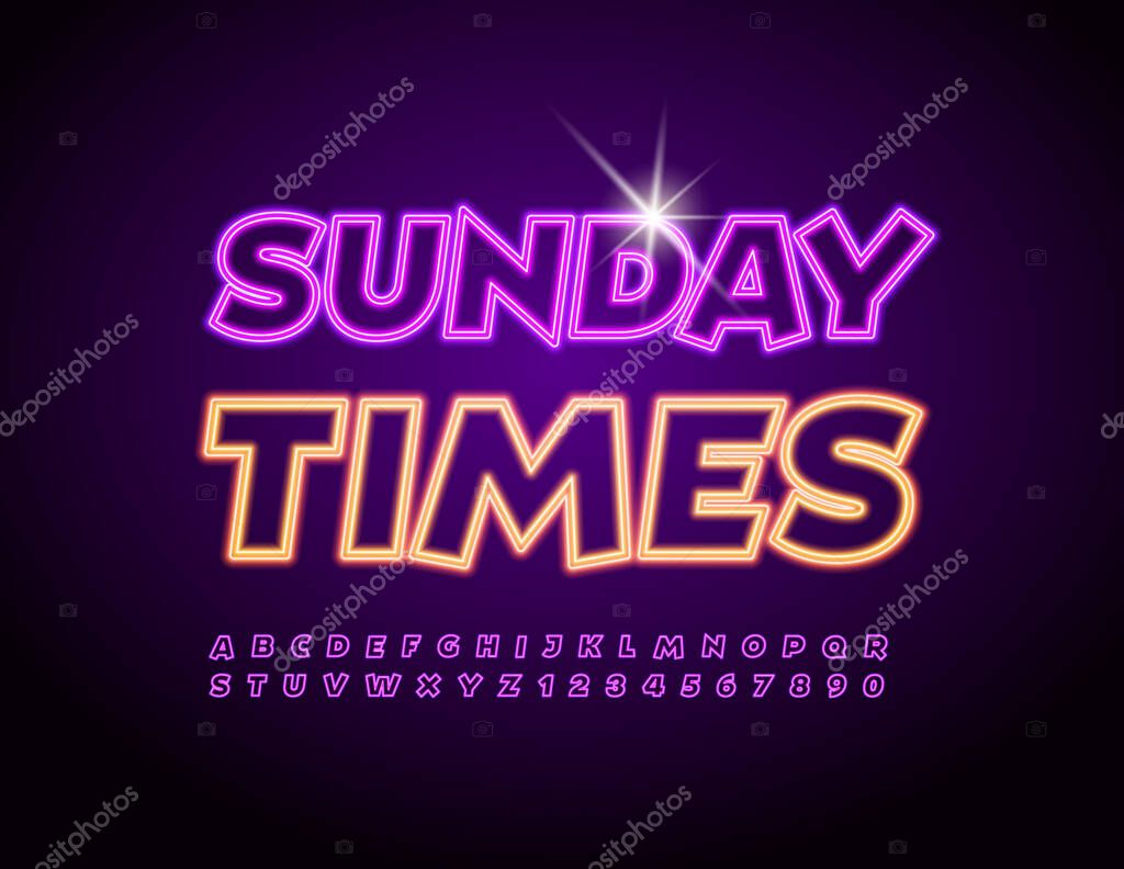 Vector Neon Poster Sunday Times. Electric Purple Font. Trendy Glowing Alphabet Letters and Numbers