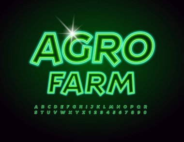 Vektör Neon Tarım Çiftliği. Parlayan Yeşil Yazı Tipi. Aydınlatılmış harf ve sayılar kümesi.