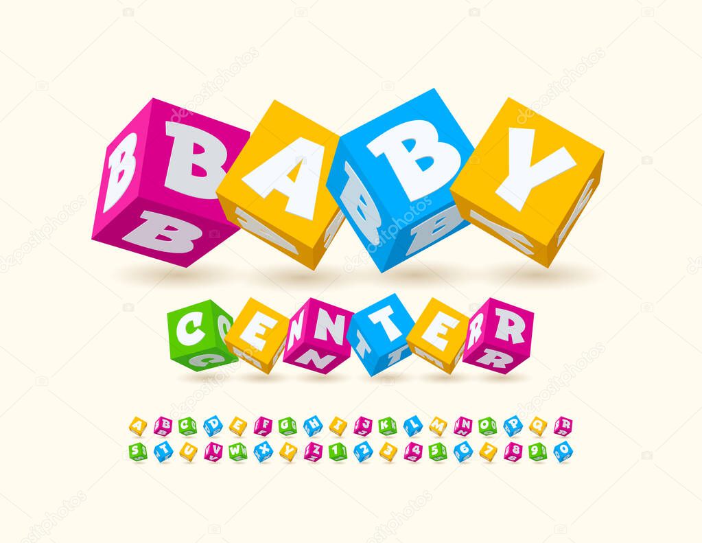 Vector colorful Sign Baby Center. Bright 3D cube Font. Artistic Alphabet Letters and Numbers set