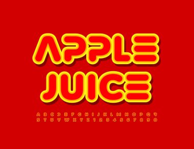 Apple Juice 'un yaratıcı simgesi. Parlak çıkartma yazı tipi. Kırmızı ve Sarı Alfabe Harfleri ve Sayıları Ayarlandı