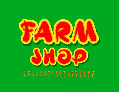 Vektör yaratıcı şablon Çiftlik Dükkanı. El yazısıyla yazılmış bir yazı tipi. Parlak Alfabe Harfleri ve Sayıları Ayarlandı