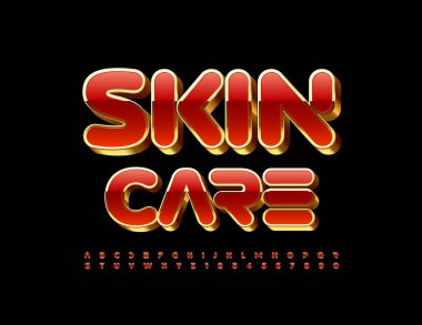 Vektör Lüks Cilt Bakımı. Kırmızı ve Altın 3D yazı tipi. Elit, parlak alfabe harfleri ve rakamları.