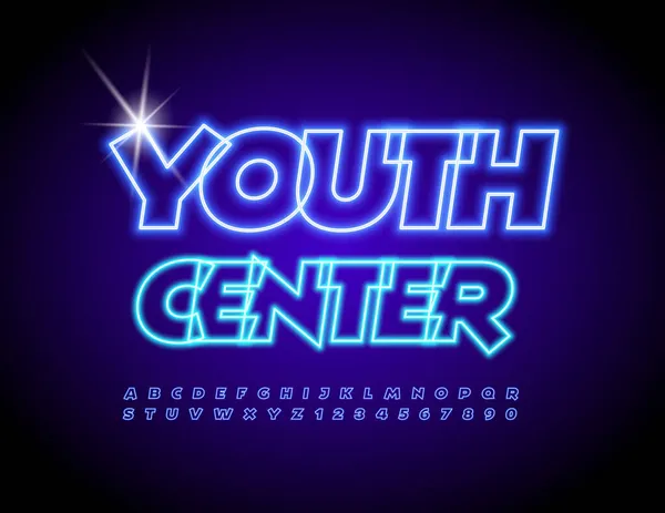 ベクトル明るいエンブレム青少年センター 現代の輝くフォント ネオンアルファベット文字と数字セット — ストックベクタ