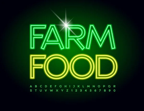 Vector Qualitätsabzeichen Farm Food Grüne Leuchtschrift Leuchtendes Licht Aus Buchstaben — Stockvektor