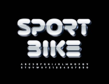 3 boyutlu beyaz ve gümüş fontlu dijital logo spor bisikleti. Tekno biçim Alfabe Harfleri ve Sayılar kümesi