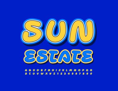 Vektör trend pankartı Sun Estate. El yazısı etiket yazı tipi. Parlak harf ve sayılar kümesi