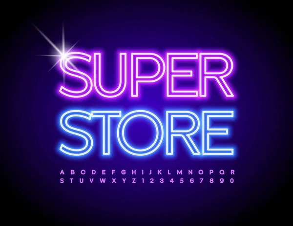 Signo Luminoso Vectorial Super Store Con Fuente Neón Púrpura Letras — Archivo Imágenes Vectoriales