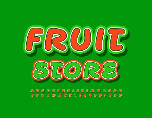 Vector Brillante Emblema Fruit Store Fuente Verde Roja Manuscrita Letras — Archivo Imágenes Vectoriales