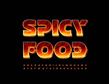 Vector creative emblem Spicy Food. 3D Abstract Font. Flaming pattern Alphabet Letters and Numbers set