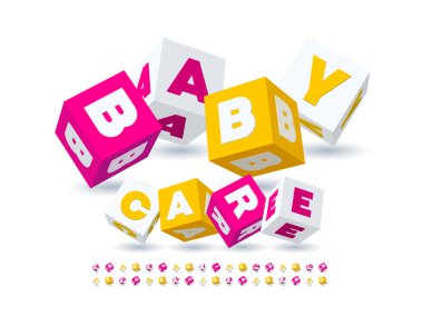 Yaratıcı logo Bebek Bakımı. Renkli 3D küp yazı tipi. Parlak Eşsiz Harfler ve Sayılar kümesi