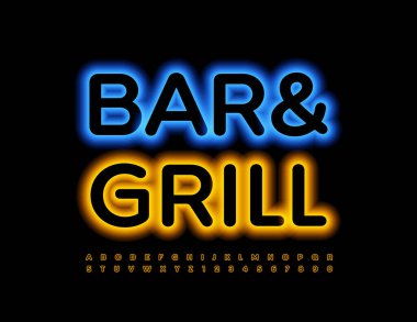 Vektör Neon Banner Bar ve Izgara. Sıcak Parlayan Yazı Tipi. Modern Parlak Alfabe Harfleri ve Sayıları