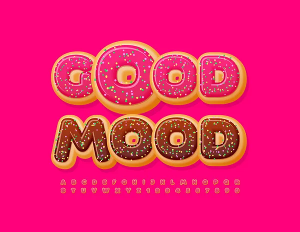 Karta Wektorowa Good Mood Donut Font Różowe Litery Alfabetu Szkliwionego — Wektor stockowy
