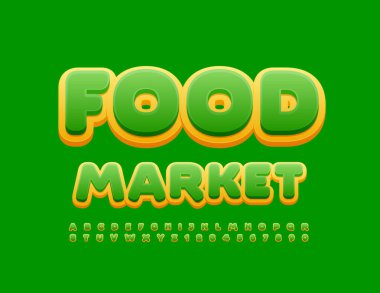 Etiket Yazı Tipi ile modern Gıda Pazarı 'nı temsil et. Yeşil ve Sarı Alfabe Harfleri ve Sayıları