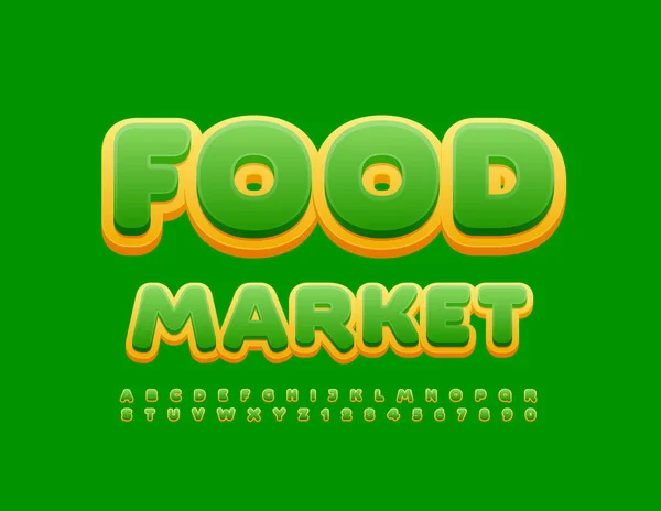 Vector Modern Banner Élelmiszer Piac Matricával Font Zöld Sárga Ábécé — Stock Vector