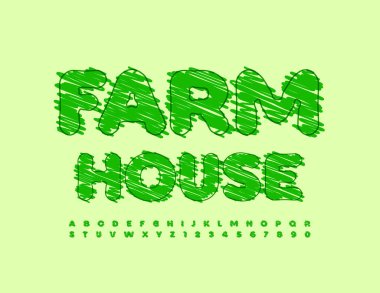 Vektör yaratıcı işaret Çiftliği. Green Font 'un taslağı. Alfabe Harfleri ve Sayıları Sanatsal kümesi