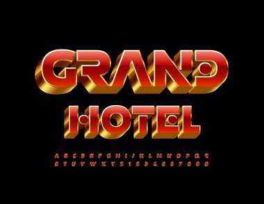 Vektör primi Grand Hotel 'i imzalayın. Moda Kırmızı ve Altın 3D Yazı Tipi. Lüks Alfabe Harfleri ve Sayıları Ayarlandı