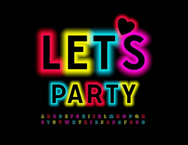 Vector Colorful Flyer Let Party Neon Bright Alphabet Letters Numbers — Stock Vector